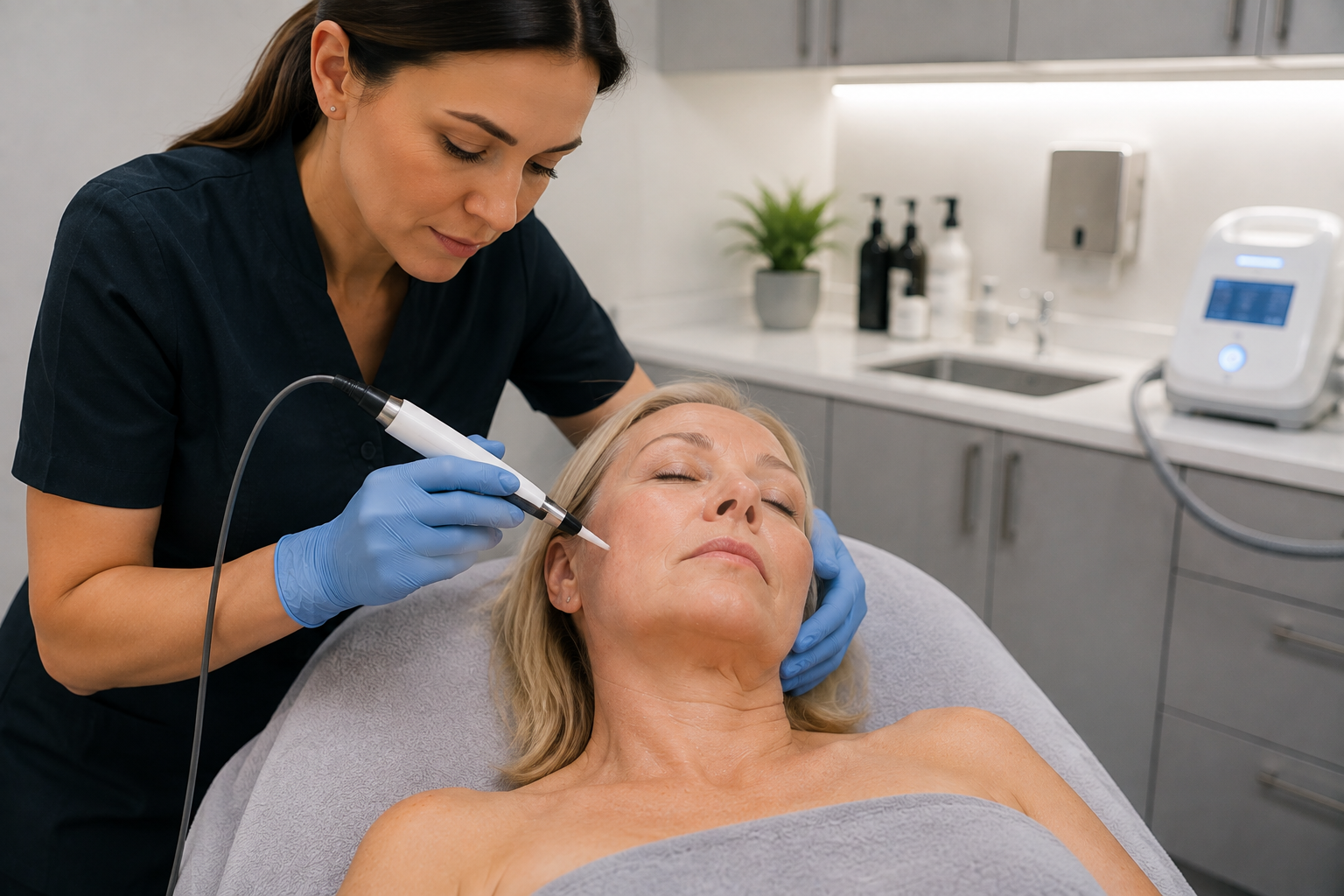 CryoPen device positioned precisely over a small skin blemish during a cryotherapy treatment