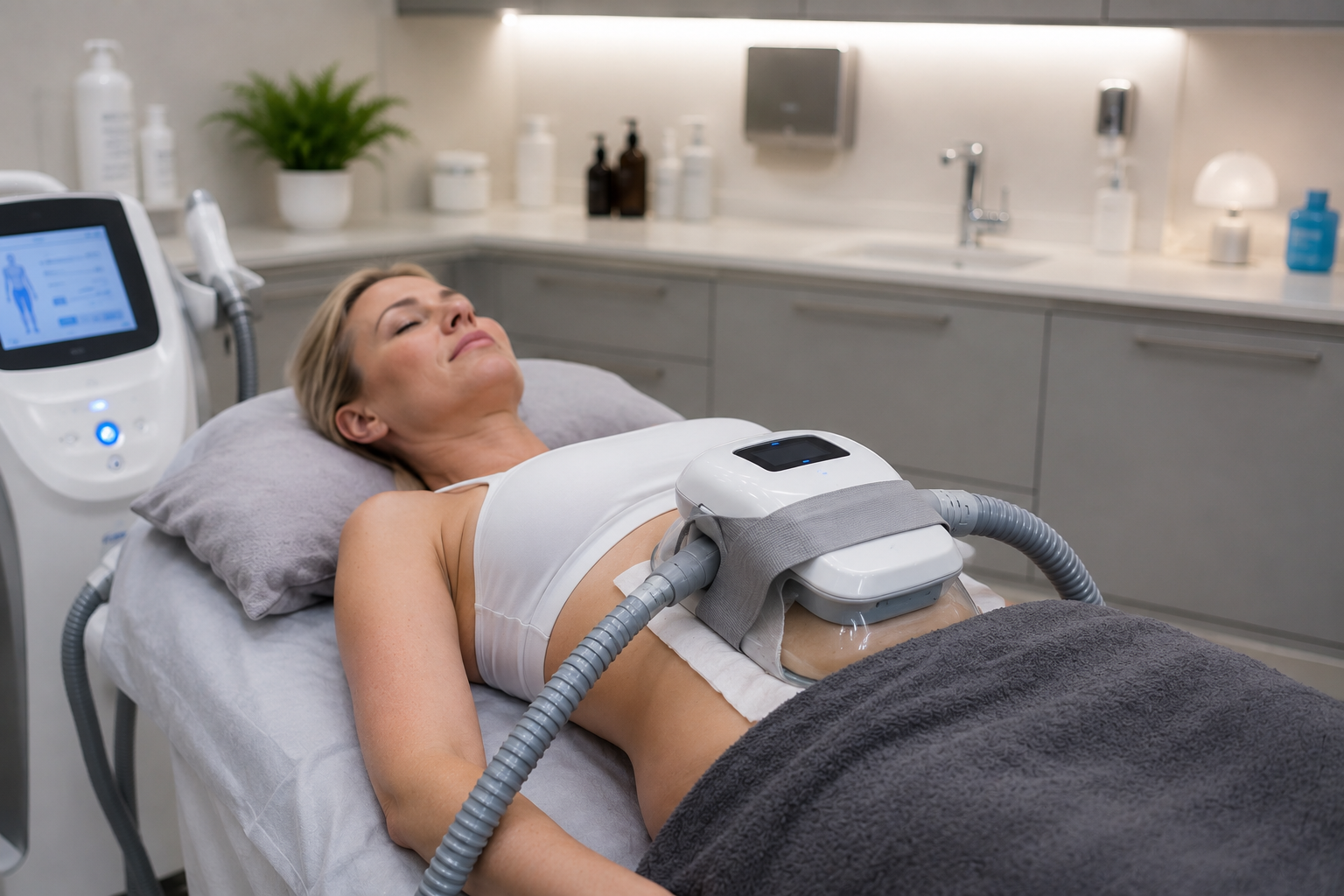 Fat freezing applicator positioned on the abdomen during a home treatment session