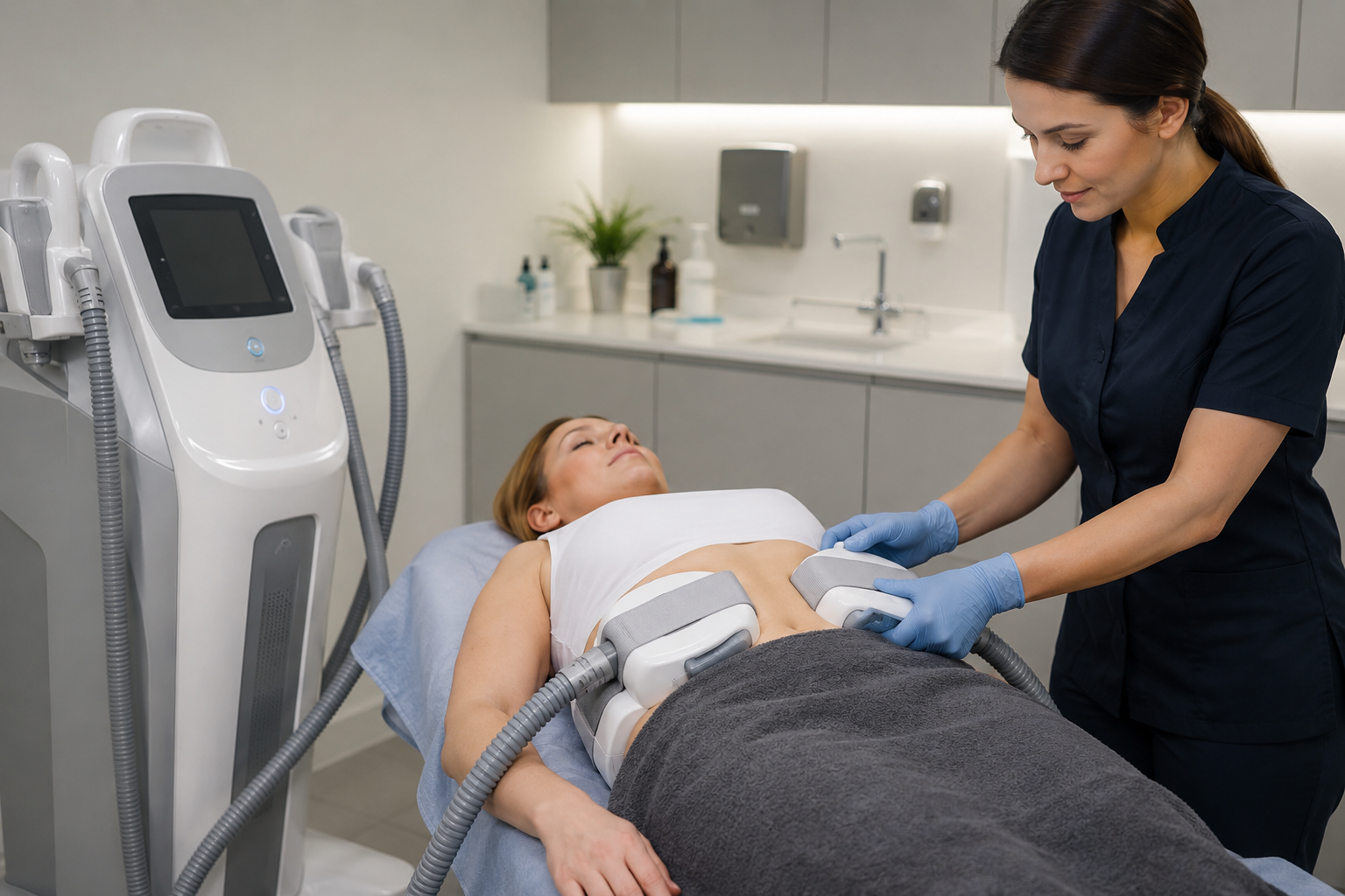 Body toning applicators secured over the abdomen during a thirty-minute session at home