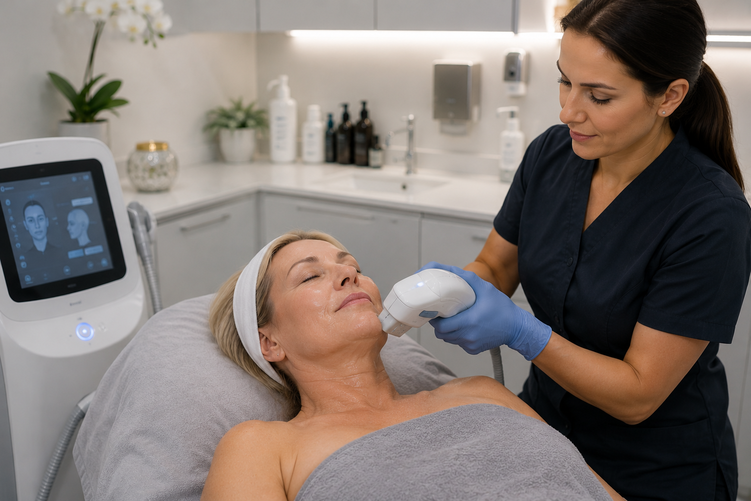 HIFU handpiece being guided along the jawline during a non-surgical facelift treatment